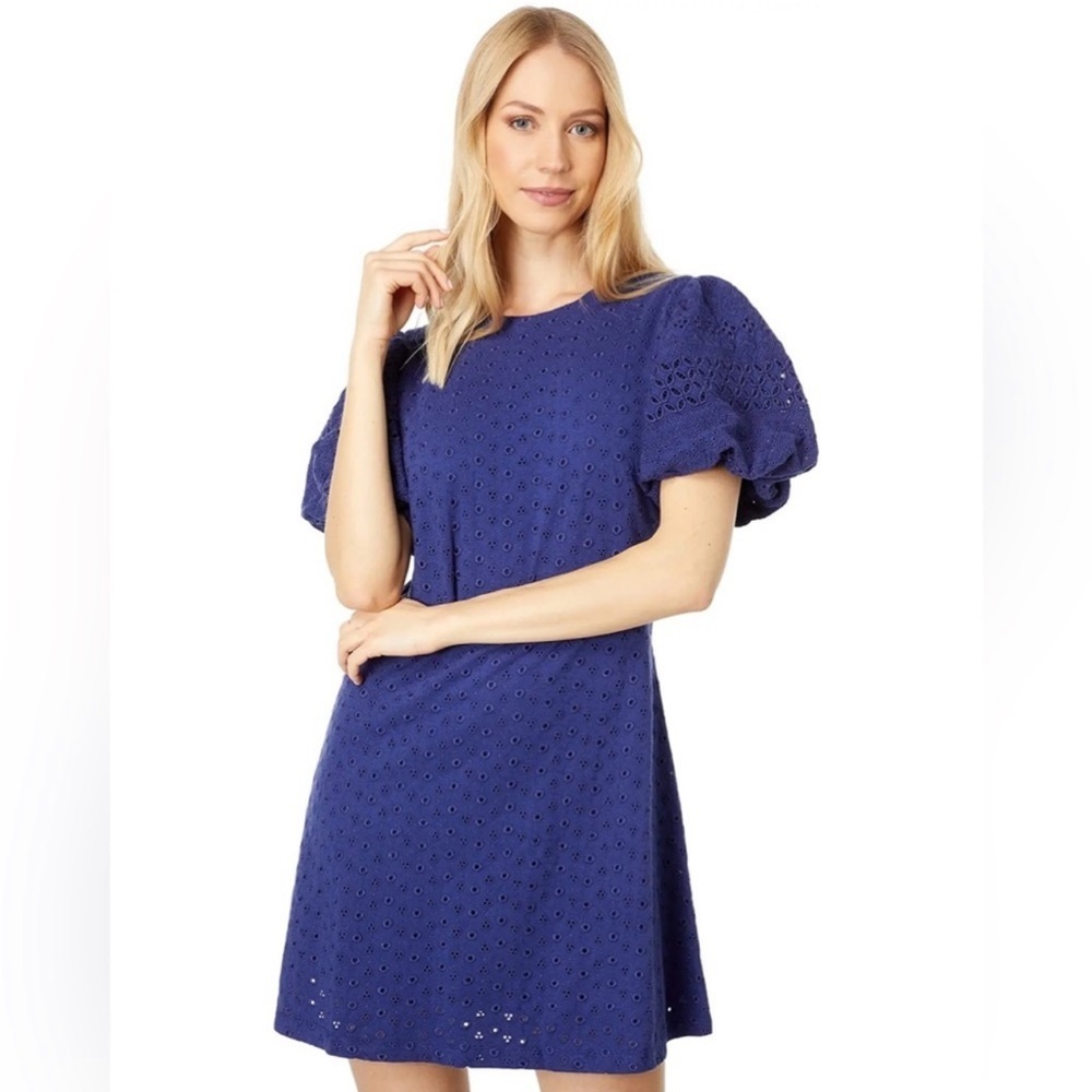 Free People Apricot Rose Puff Sleeve Eyelet Dress Living Indigo Size Medium NWT - Picture 2 of 10